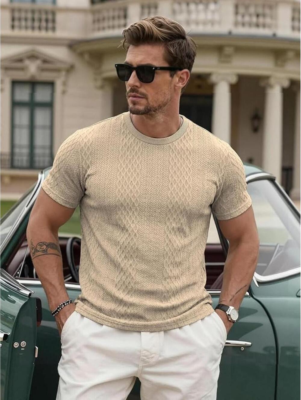 Men's T-Shirts Short Sleeve Knit Crewneck Shirts Casual Textured Khaki Medium